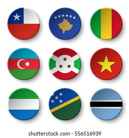 Set of world flags round badges ( Chile . Kosovo . Mali . Azerbaijan . Burundi . Vietnam . Sierra Leone . Solomon Islands . Botswana )