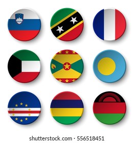 Set of world flags round badges ( Slovenia . Saint Kitts and Nevis . France . Kuwait . Grenada . Palau . Cape Verde . Mauritius . Malawi )