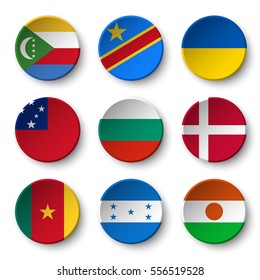 Set of world flags round badges ( Comoros . Democratic Republic of the Congo . Ukraine . Samoa , Bulgaria . Denmark . Cameroon . Honduras . Niger )