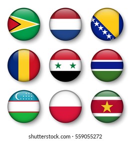 Set of world flags round badges ( Guyana . Netherlands . Bosnia and Herzegovina . Romania . Syria . Gambia . Uzbekistan . Poland . Suriname )