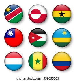 Set of world flags round badges ( Namibia . Greenland . Ghana . Taiwan . Jordan . Rwanda . Luxembourg . Senegal . Colombia )