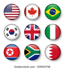 Set of world flags round badges ( USA . Canada . Brazil . South korea . United kingdom of great britain . Italy . North korea . South africa . Bahrain )
