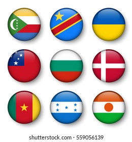 Set of world flags round badges ( Comoros . Democratic Republic of the Congo . Ukraine . Samoa , Bulgaria . Denmark . Cameroon . Honduras . Niger )