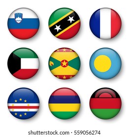 Set of world flags round badges ( Slovenia . Saint Kitts and Nevis . France . Kuwait . Grenada . Palau . Cape Verde . Mauritius . Malawi )