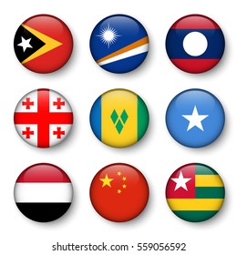 Set of world flags round badges ( East Timor . Marshall Islands . Laos . Georgia . Saint Vincent and the Grenadines . Somalia . Yemen . China . Togo )