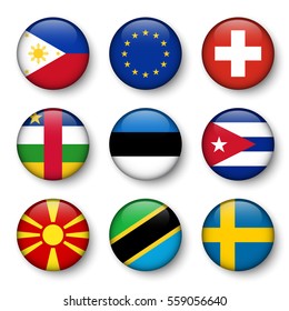 Set of world flags round badges ( Philippines . European union (EU) . Switzerland . Central African Republic . Estonia . cuba . Macedonia . Tanzania . Sweden )