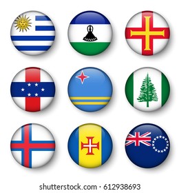 Set of world flags round badges ( Uruguay . Lesotho . Guernsey . Netherlands Antilles . Aruba . Norfolk Island . Faroe Islands . Madeira . Cook Islands )