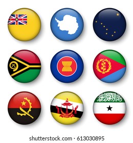 Set of world flags round badges ( Niue . Antarctica . Alaska . Vanuatu . ASEAN . Eritrea . Angola . Brunei Darussalam . Somaliland )