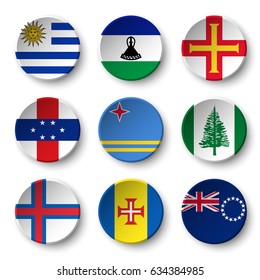 Set of world flags round badges ( Uruguay . Lesotho . Guernsey . Netherlands Antilles . Aruba . Norfolk Island . Faroe Islands . Madeira . Cook Islands )