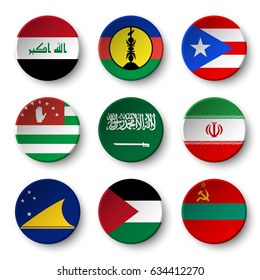 Set of world flags round badges ( Iraq . New Caledonia . Puerto Rico . Abkhazia . Saudi Arabia . Iran . Tokelau . Palestine . Transnistria )