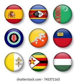 Set of world flags round badges ( Spain . Swaziland . Turkmenistan . Bougainville . Bhutan . Liechtenstein . Vatican city . Zimbabwe . Hungary )