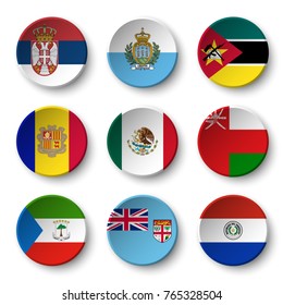 Set of world flags round badges ( Serbia . San marino . Mozambique . Andorra . Mexico . Oman . Equatorial Guinea . fiji . Paraguay )