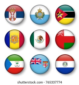 Set of world flags round badges. Serbia . San marino . Mozambique . Andorra . Mexico . Oman . Equatorial Guinea . Fiji . Paraguay .