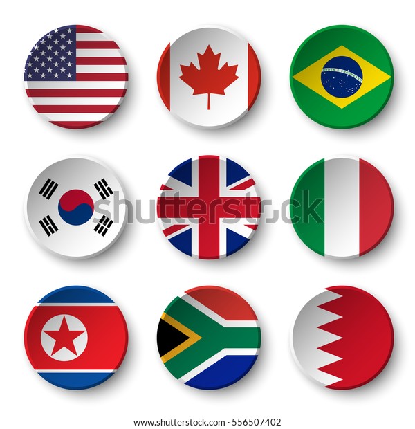 バッジの周りの世界国旗のセット 米国 カナダブラジル 韓国 英国 イタリア 北朝鮮 南アフリカ バーレーン のベクター画像素材 ロイヤリティフリー