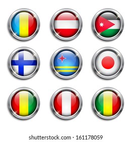 Set of world flags round buttons, vector illustration