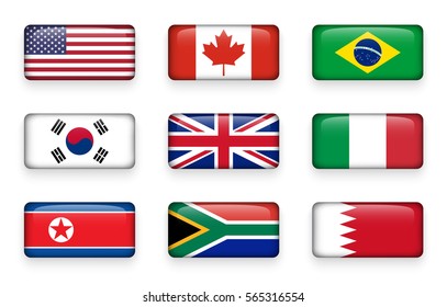 Set of world flags round rectangle buttons ( USA . Canada . Brazil . South korea . United kingdom of great britain . Italy . North korea . South africa . Bahrain )