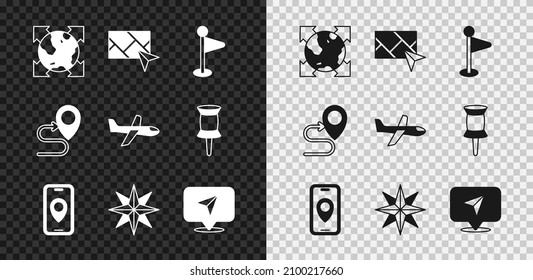 Set World globe with compass, City map navigation, Location marker, Wind rose, Infographic of city, Route location and Plane icon. Vector
