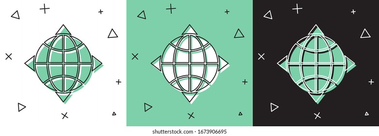 Set World globe with compass icon isolated on white and green, black background.  Vector Illustration