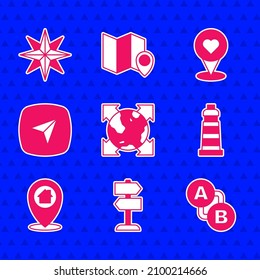 Set World globe with compass, Road traffic sign, Route location, Lighthouse, Location, Infographic of city map navigation, heart and Wind rose icon. Vector