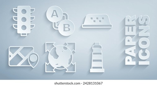 Globo terráqueo con brújula, techo del coche del taxi, navegación infográfica del mapa de la ciudad, faro, ubicación de la ruta e icono del semáforo. Vector