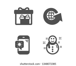 Set of World globe, Delivery boxes and Weather phone icons. Snowman sign. Around the world, Birthday gifts, Travel device. New year.  Classic design world globe icon. Flat design. Vector