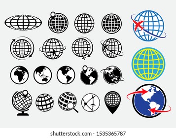 set of world globe earth icon or globe geographic planet icon or airplane globe concepts. easy to modify
