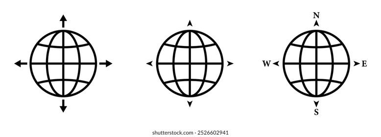 Set of world globe icon with north, south, east, west direction.