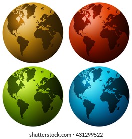 Set of World Globe Icons, Vector Illustration. 