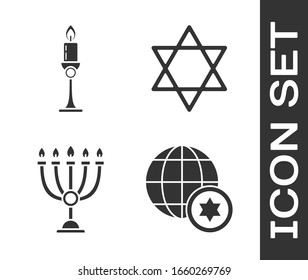 Set World Globe and Israel, Burning candle in candlestick, Hanukkah menorah and Star of David icon. Vector