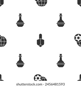 Set World Globe and Israel, Hanukkah dreidel and Jewish wine bottle on seamless pattern. Vector