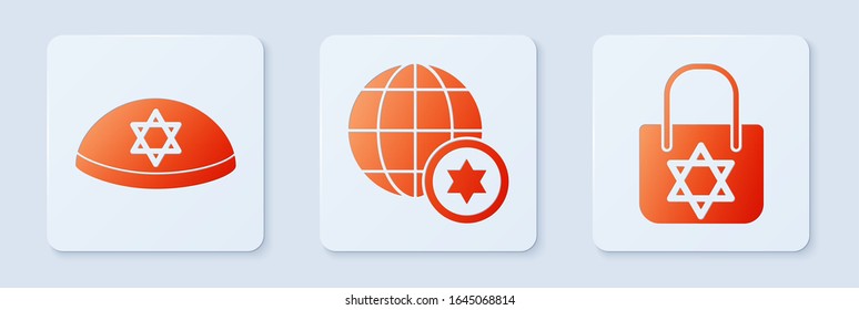 Set World Globe and Israel, Jewish kippah with star of david and Shopping bag with star of david. White square button. Vector