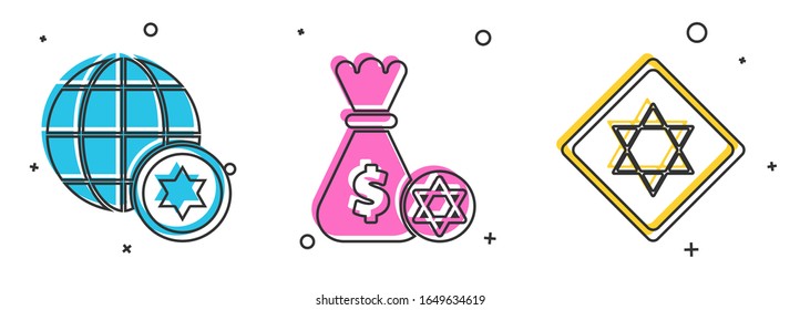 Set World Globe and Israel, Jewish money bag with star of david and coin and Star of David icon. Vector