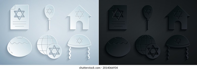 Set World Globe and Israel, Jewish synagogue, sweet bakery, kippah, Balloon with star of david and Torah scroll icon. Vector