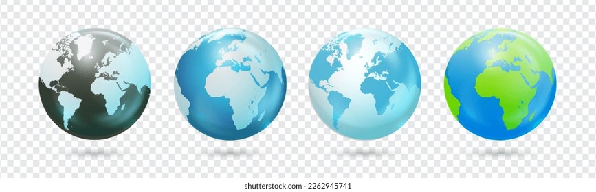 Set of world globes. Earth planet vector illustration. Round world map in globe shape with shadow