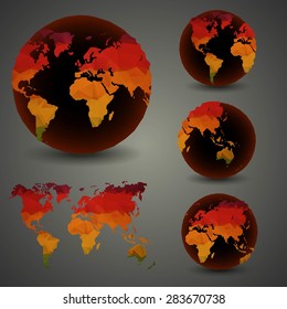 Set of the world globes. World map. Low poly vector illustration.