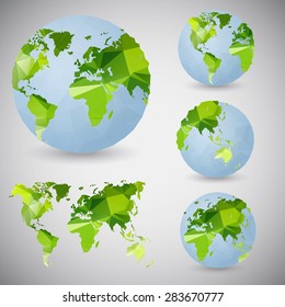 Set of the world globes. World map. Low poly vector illustration.