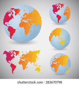 Set of the world globes. World map. Low poly vector illustration.