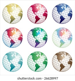 Set of world globes with various colors