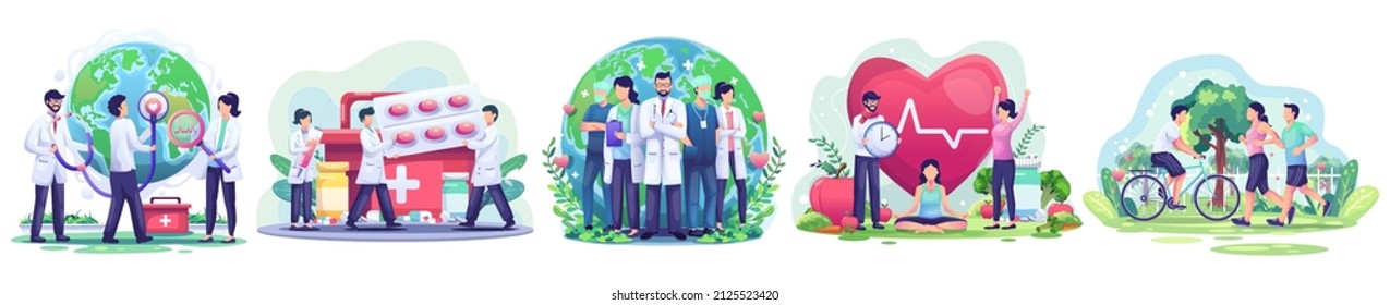 Conjunto de conceptos del Día Mundial de la Salud con el Grupo de médicos y enfermeras, personas que viven sanas, jogging de parejas, ciclismo, yoga, ilustración de vectores