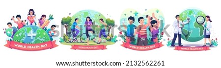 Set of World Health Day concept with Group of staff medical doctors and nurses, people living healthy activity, person jogging, cycling, yoga. vector illustration