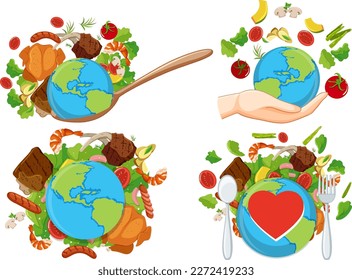 Set of world with healthy food illustration