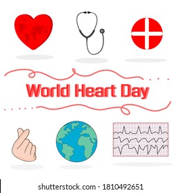 Establecer el concepto de día del corazón mundial, familia feliz con latido del corazón, estetoscopio, corazón, mapa mundial,
Ola cardíaca.