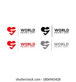 A set of World Heart Day vectors, symbols of hands hugging hearts. 