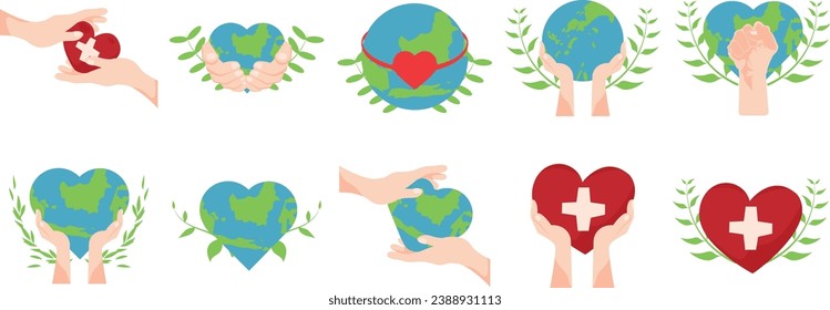 Conjunto de ilustraciones del Día Mundial de la Asistencia Humanitaria. Tierra, amor, símbolo de ayuda comunitaria con la mano dar corazón. Ilustración vectorial.