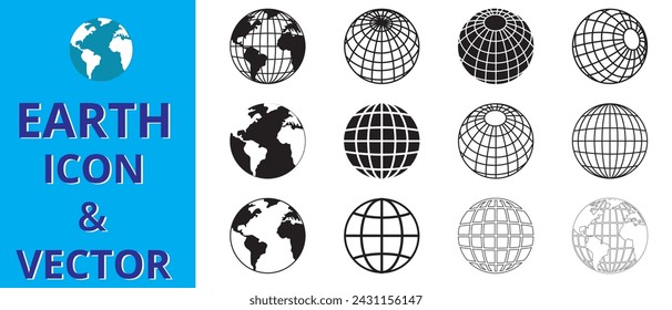 Set of World icon, Globe Icon, vector, earth icon set. Earth logo, silhouette. Set of earth globe icons silhouette. Vector illustration.
