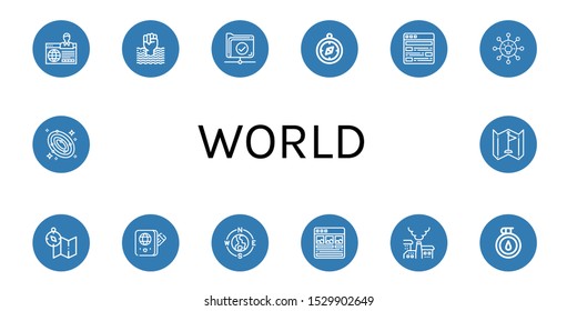 Set of world icons. Such as Website, World pride day, Network, Compass, Article, Networking, Map, Passport, Pollution, Galaxy, Flag , world icons