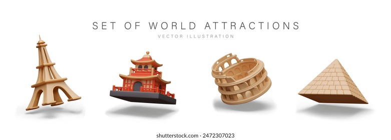 Set of world landmarks in 3D style. Isolated vector symbols of different countries and cultures