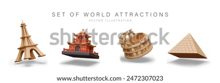 Set of world landmarks in 3D style. Isolated vector symbols of different countries and cultures