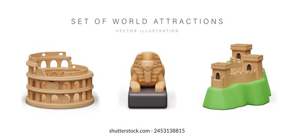 Set of world landmarks in cartoon 3D style. Colosseum, Great Sphinx, Great Wall of China