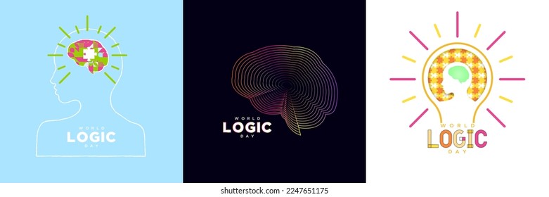 Set of World Logic Day Greeting Card Poster Designs, celebrated on January 14. Puzzle Piece brain concept, light bulb idea, brain in neon colors. Editable Vector Illustration. EPS 10